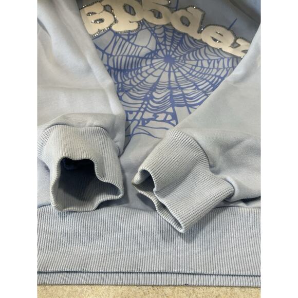 Rhinestone Sp5der Men's Pullover Hoodie Size Small Baby Blue Front Pouch - Picture 7 of 16